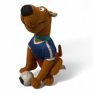 Vintage Y2K 2003 Scooby-Doo Plush Dog Toy with Blue Shirt and Soccer Ball